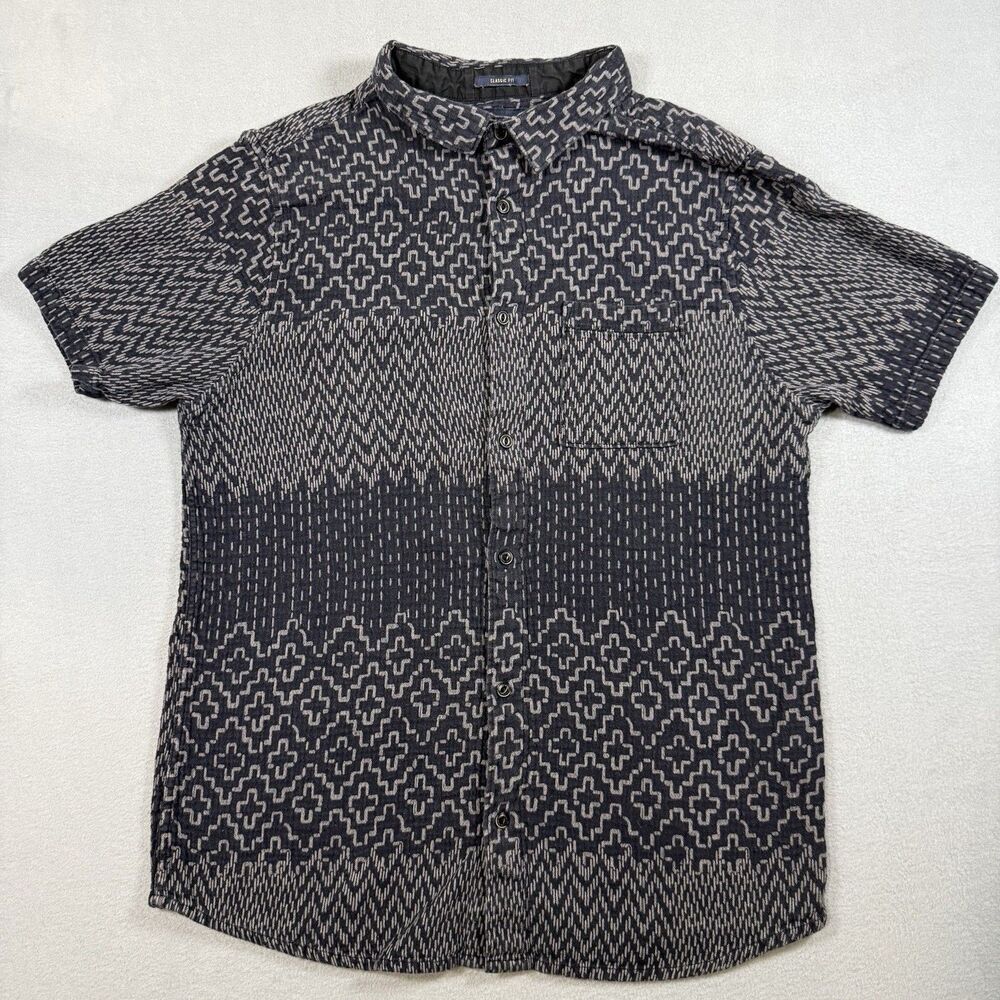 Roark Men’s Large Journey SS Shirt Navy Geometric Aztec Print Organic Cotton